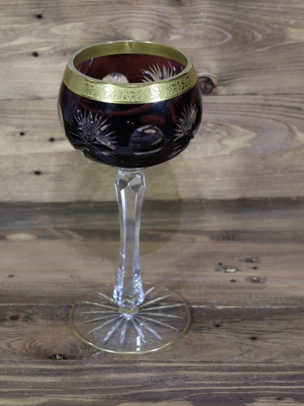 Bohemian Glass Wine Hock Goblet Purple Cut to Clear with Gold Gild Rim